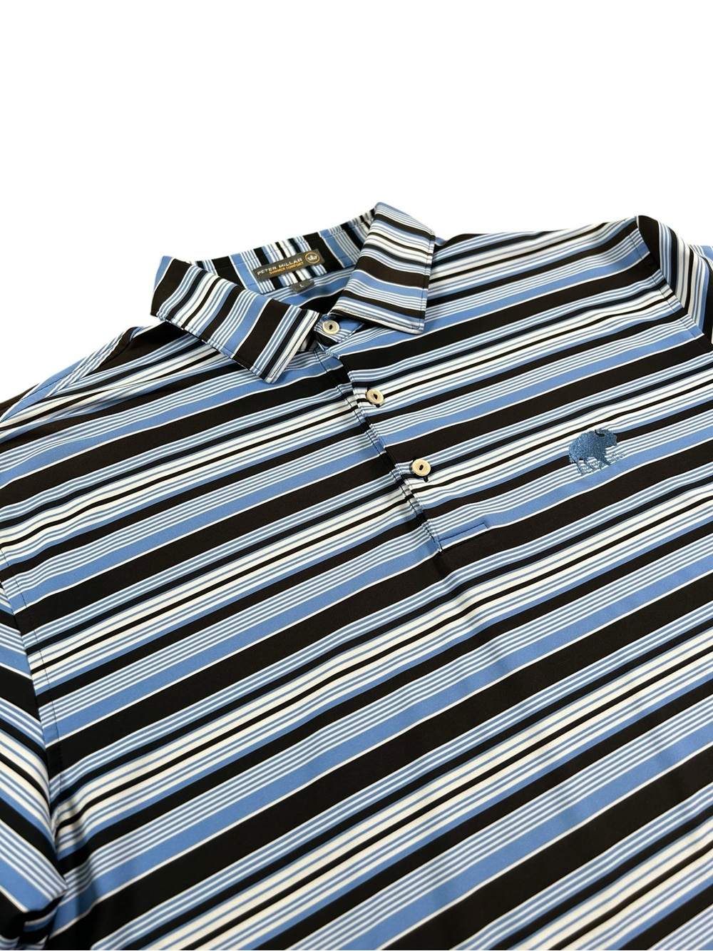 PETER MILLAR Summer Comfort Blue Black Stripe Performance Golf Polo Shirt L